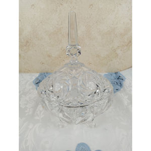 Vintage Large Cut Glass Footed Candy Dish with Lid Prism Finial 11x7x5